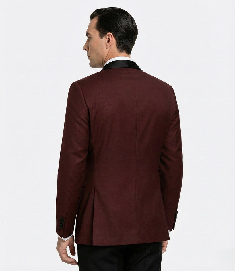 Zane Barläs Burgundy Monaco Tuxedo, lifestyle editorial shot