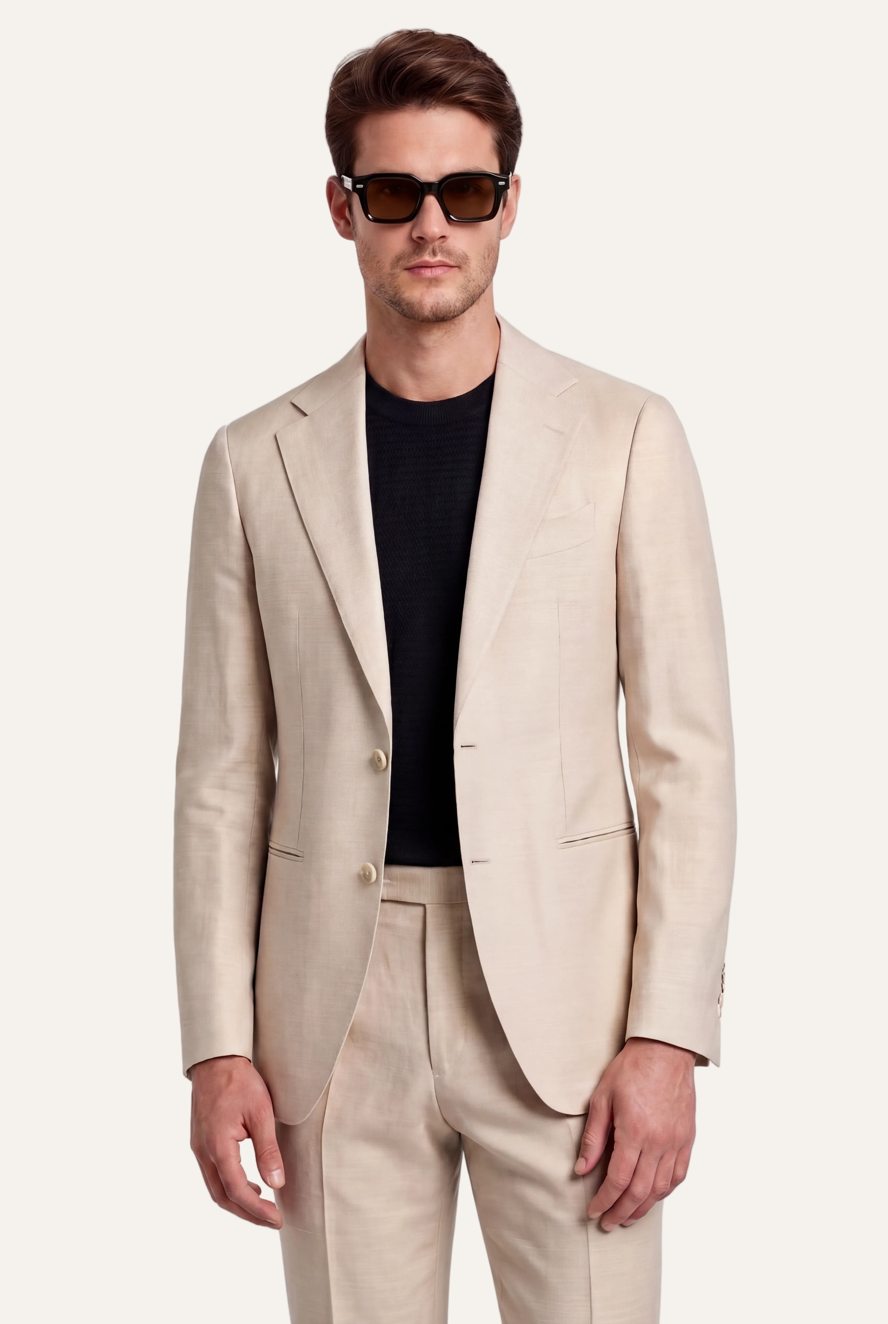 Zane Barläs Oxford Beige Suit — three-quarter front view single breasted Italian wool