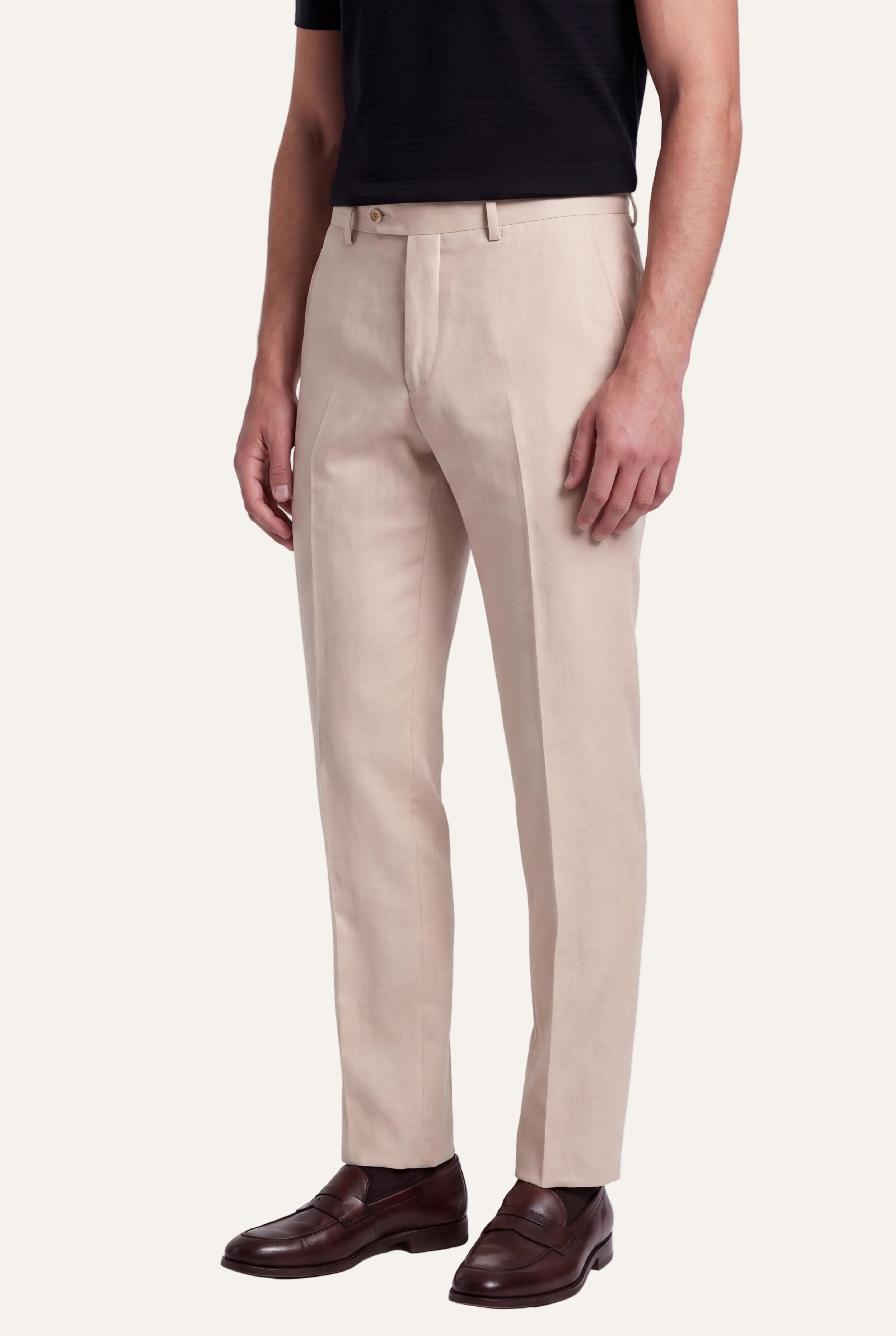 Zane Barläs Oxford Beige Suit — flat front tapered leg trousers front view