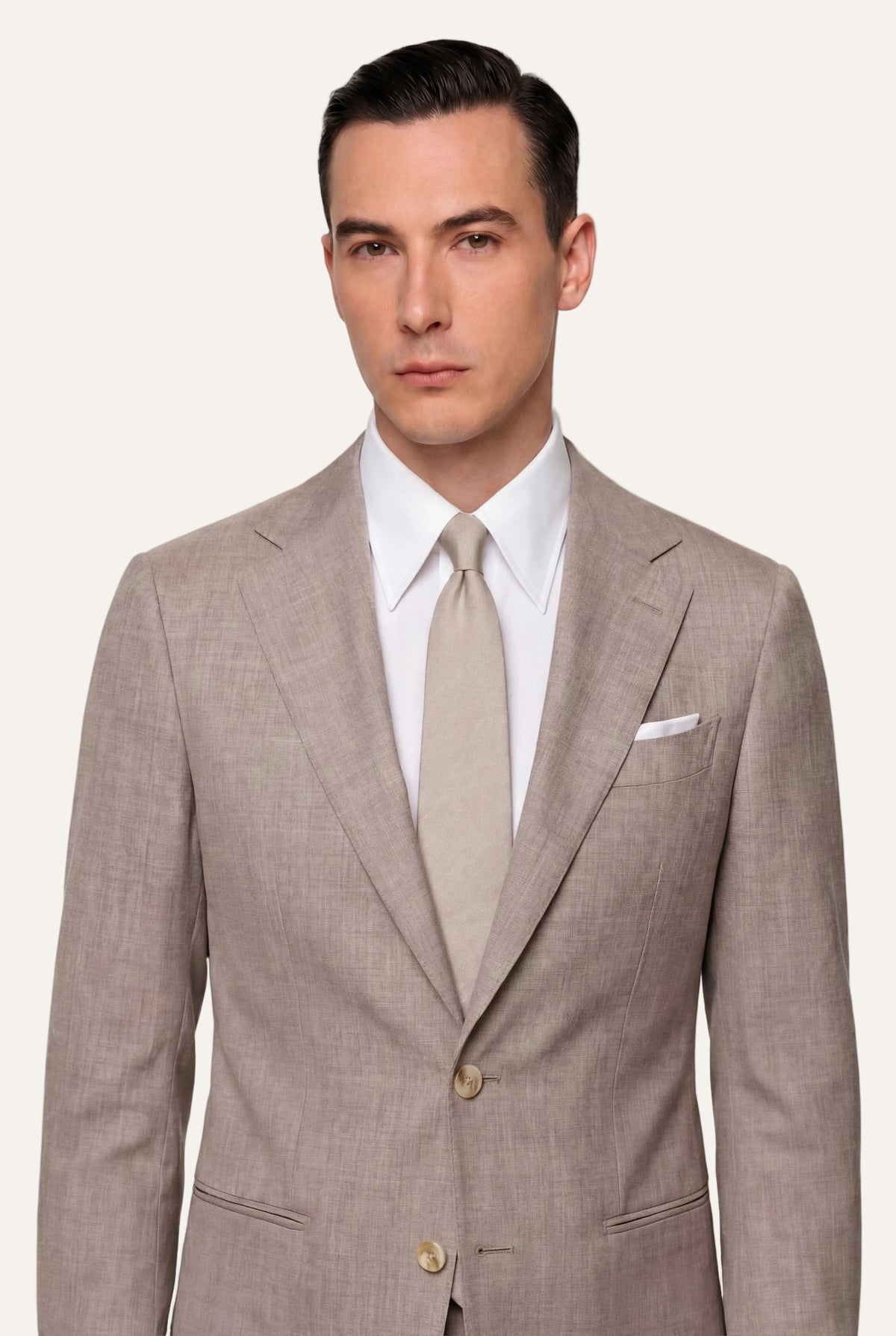 Zane Barläs Oxford Beige Suit, natural shoulder construction close-up
