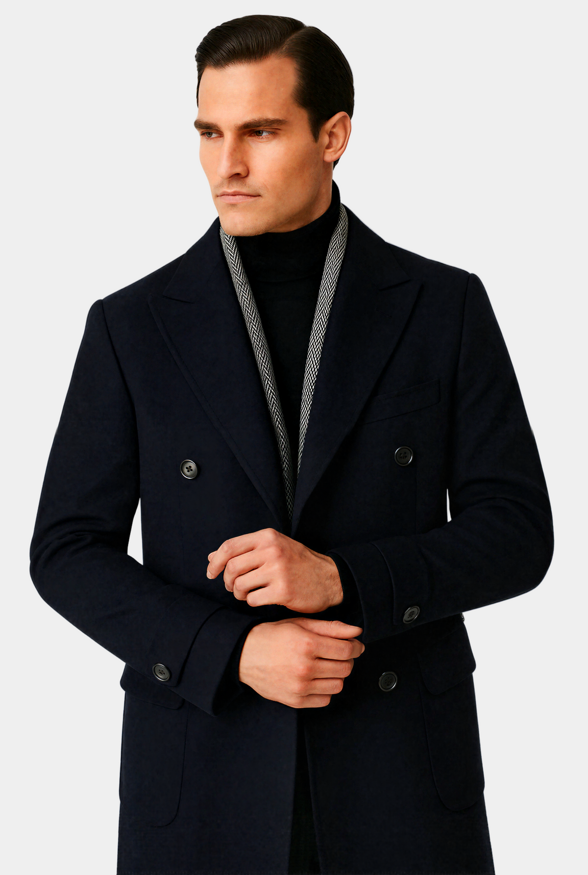 Zane Barläs Black Cashmere Overcoat, front view on model