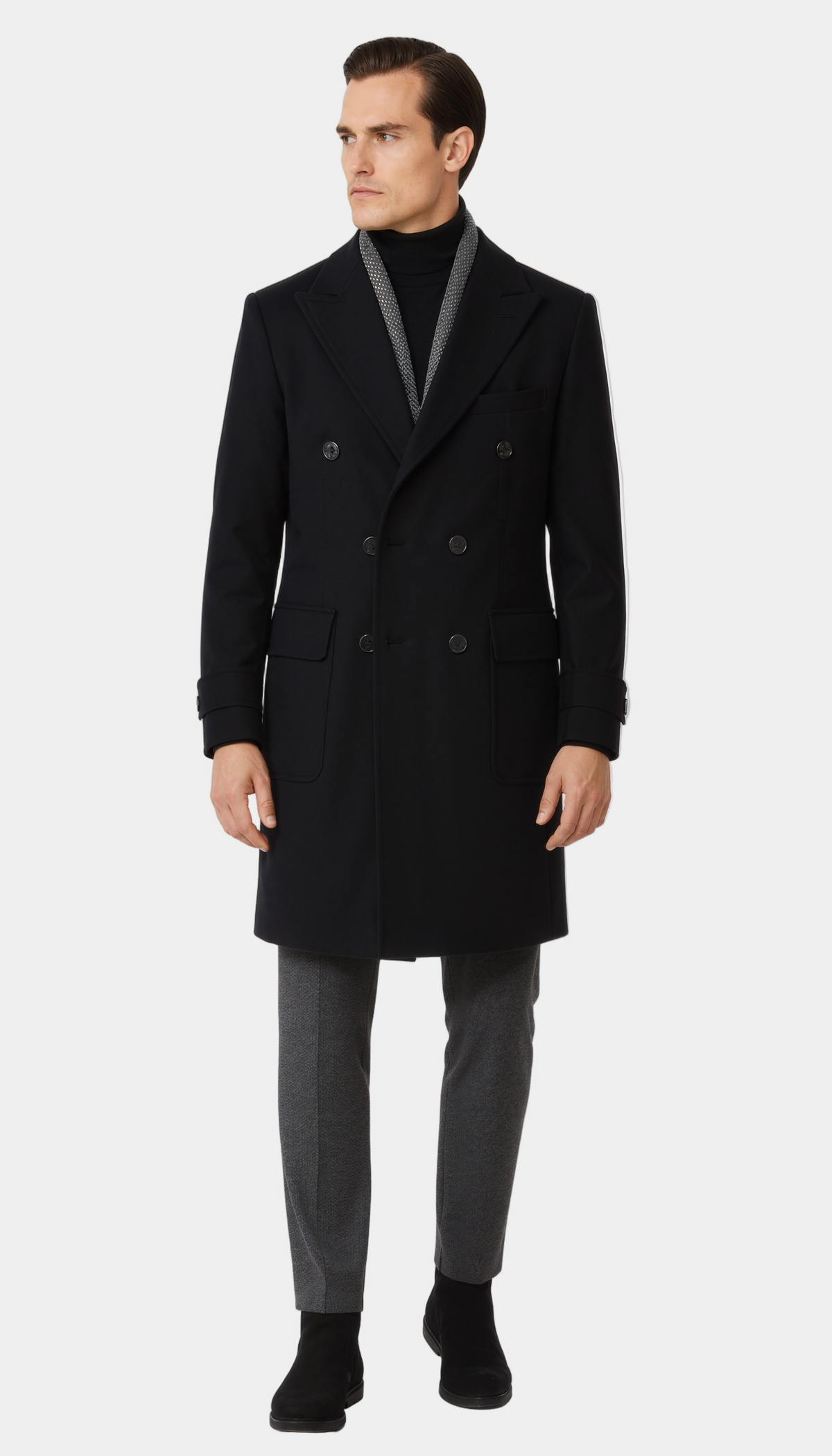 Zane Barläs Black Cashmere Overcoat, side view on model
