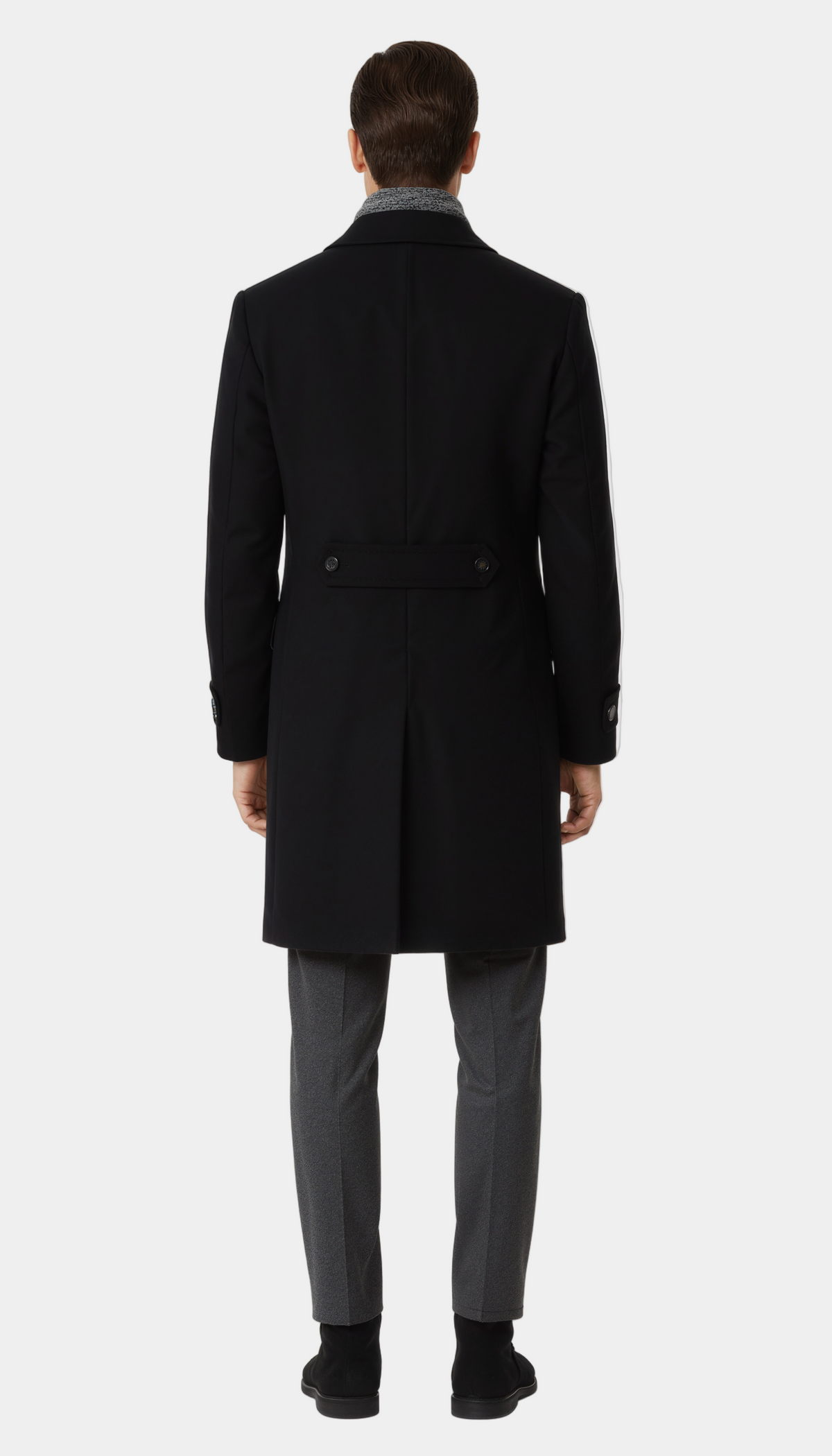 Zane Barläs Black Cashmere Overcoat, back view on model