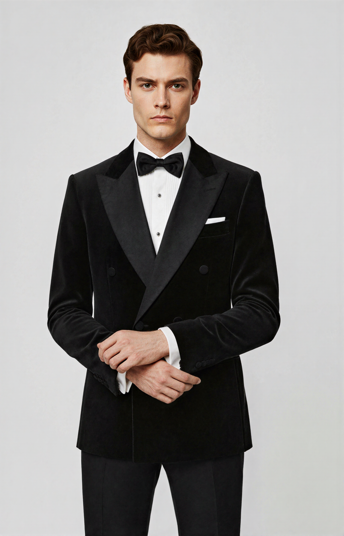 Zane Barläs Black Velvet Dinner Jacket, tailored fit silhouette on model