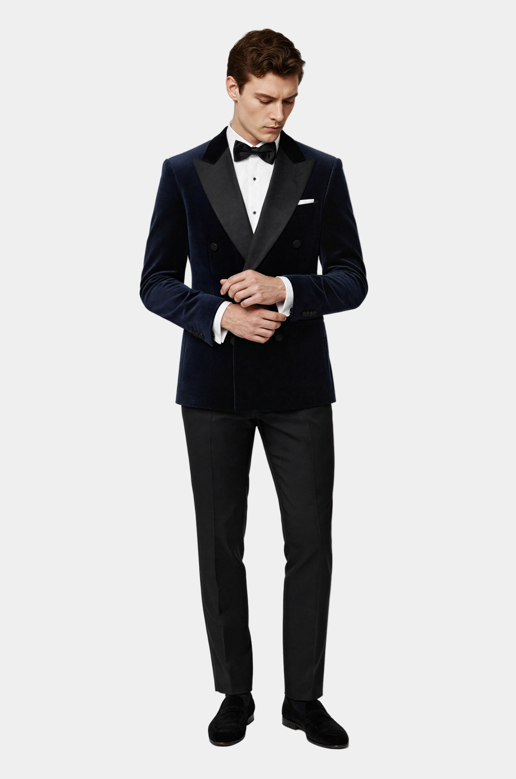 Zane Barläs Navy Velvet Dinner Jacket, full length front view on model