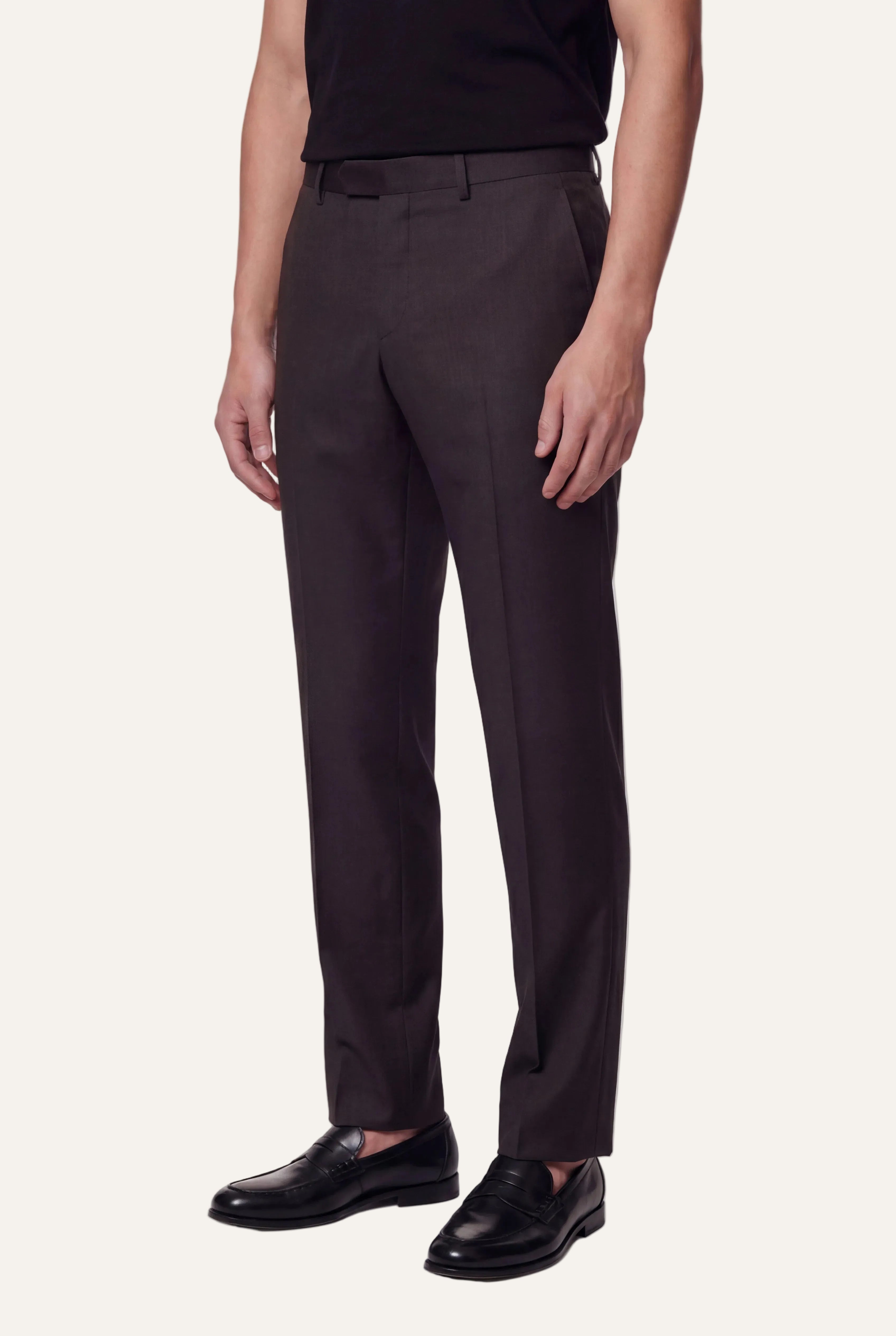 Zane Barläs Oxford Brown Suit — flat front tapered leg trousers front view