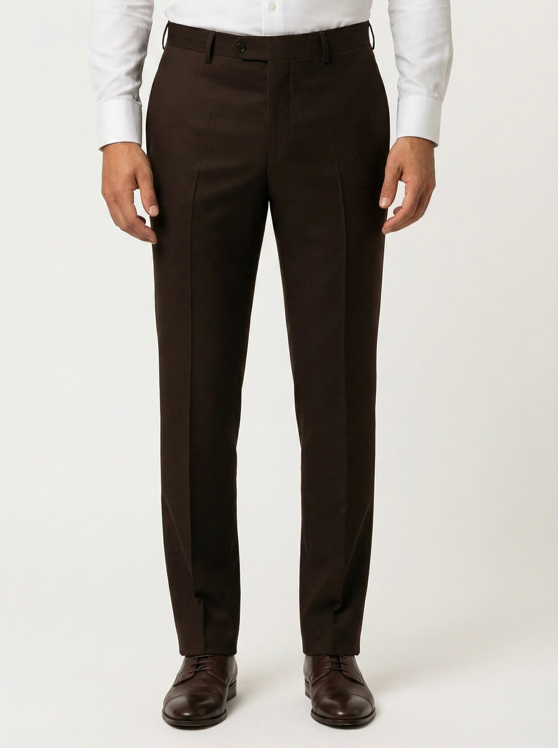 Zane Barläs Oxford Brown Plain Suit, tapered leg trousers front view