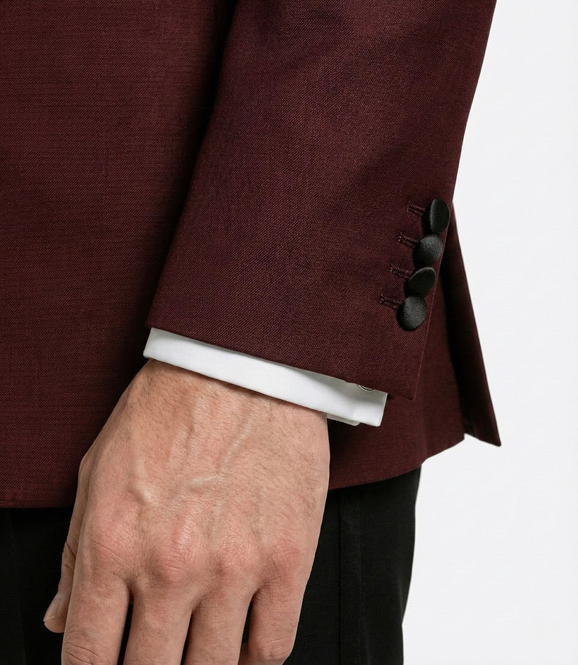 Zane Barläs Burgundy Monaco Tuxedo, functional covered cuff buttons detail