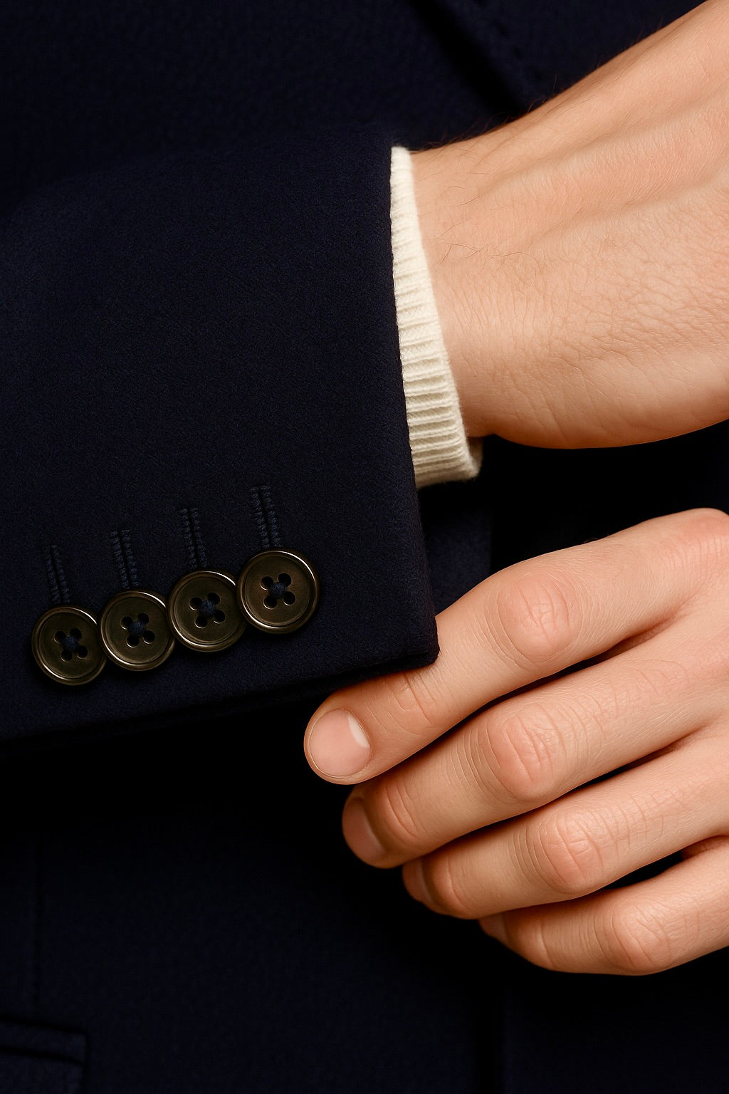 Zane Barläs Navy Blue Cashmere Overcoat, genuine horn buttons close-up