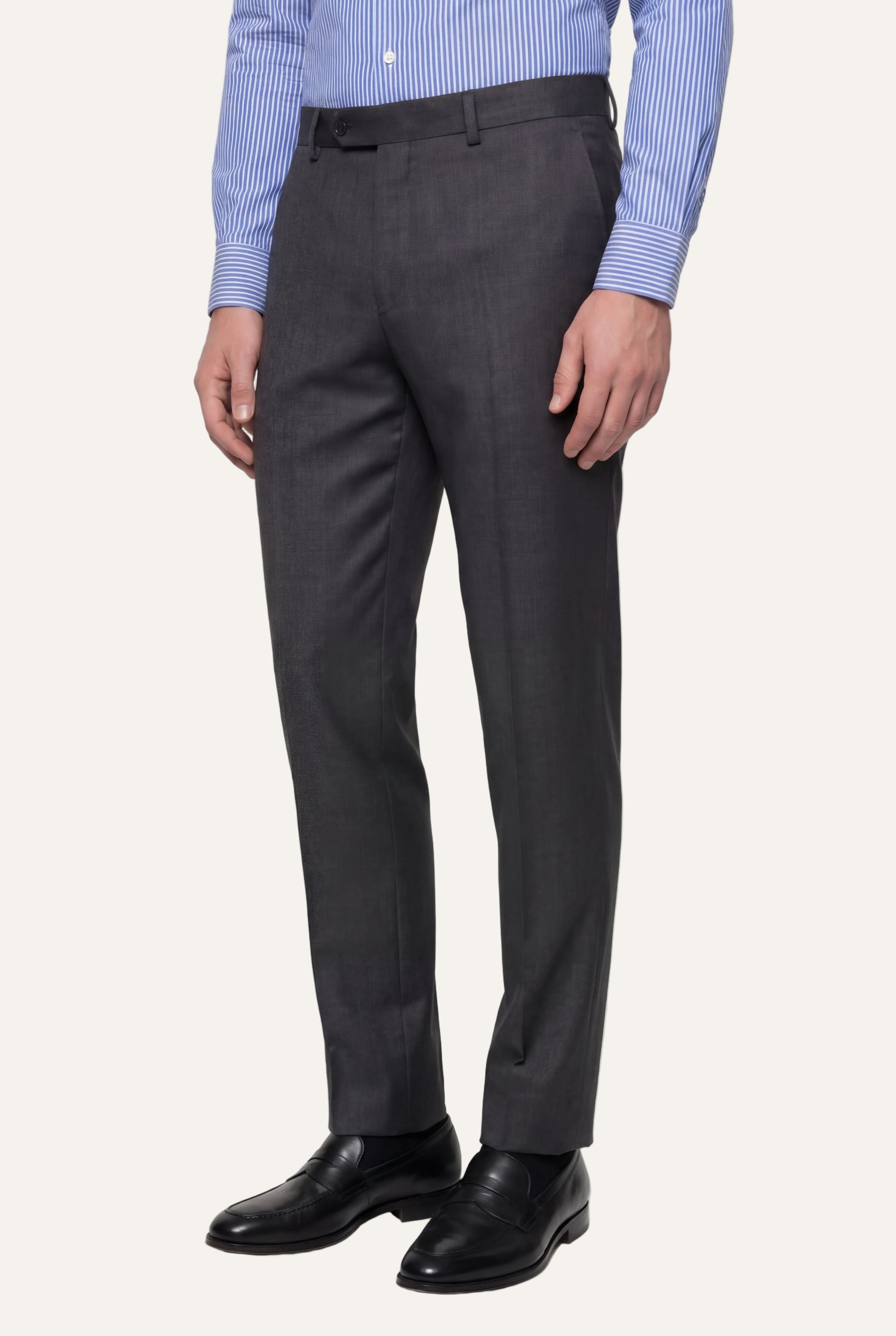 Zane Barläs Oxford Grey Suit — flat front tapered leg trousers front view