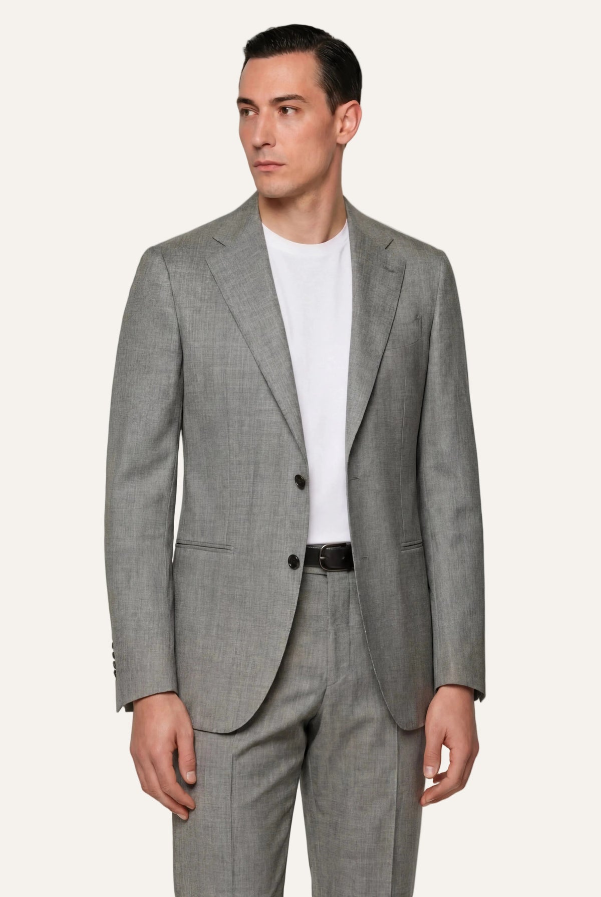 Zane Barläs Oxford Light Grey Plain Suit, editorial front view on model