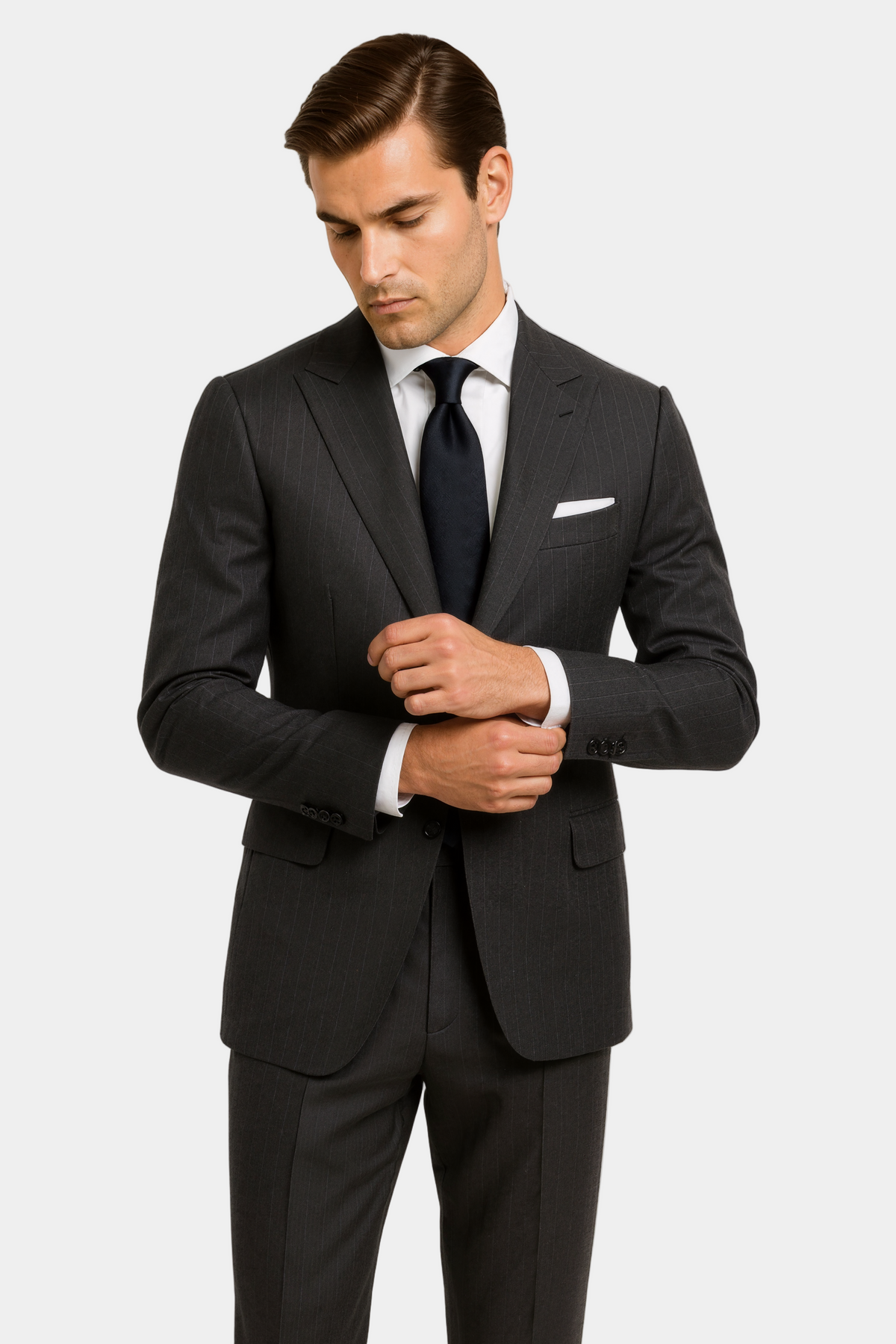 Zane Barläs Monaco Grey Pinstripe Wool Suit, front view on model