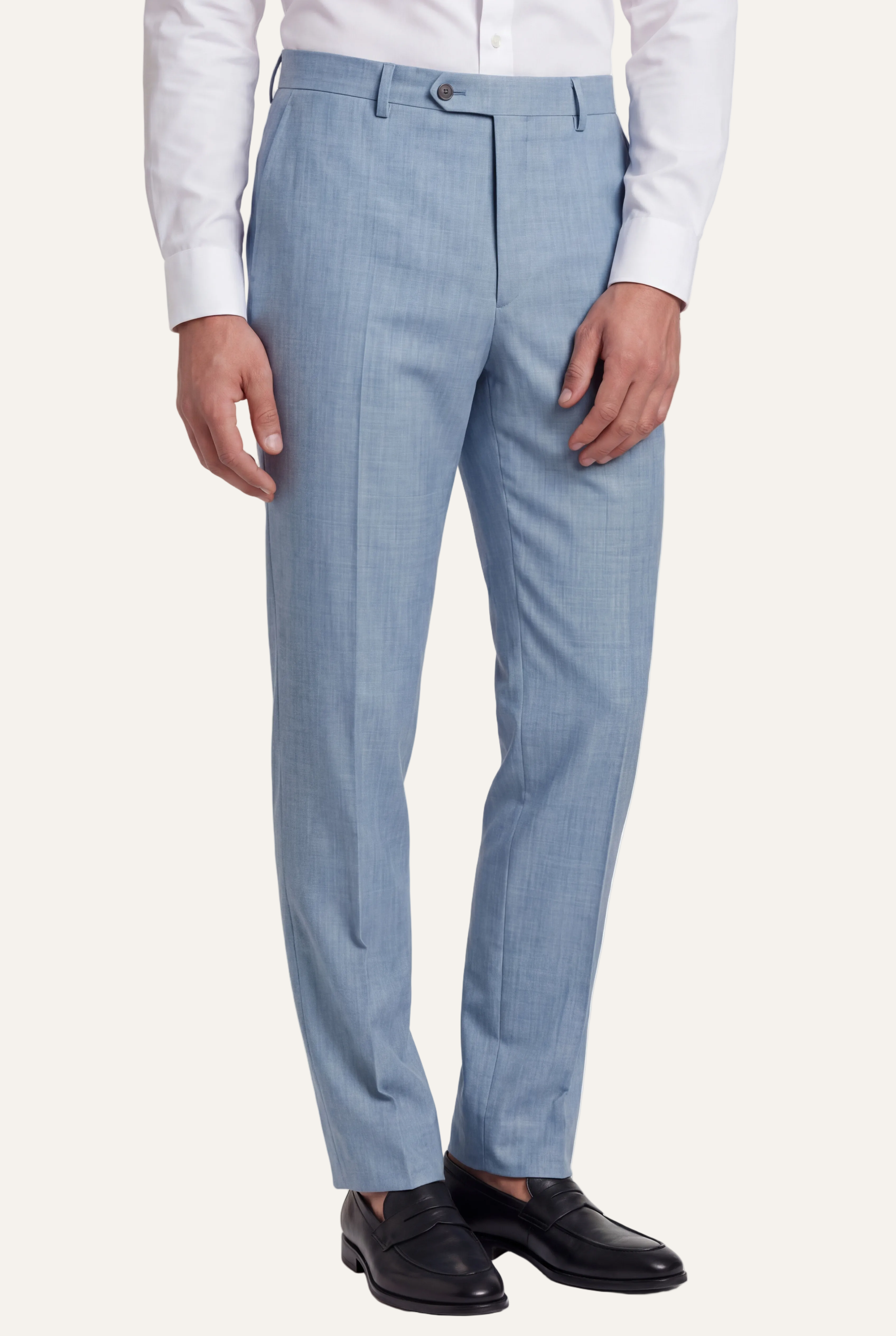 Zane Barläs Oxford Light Blue Suit — flat front tapered leg trousers front view