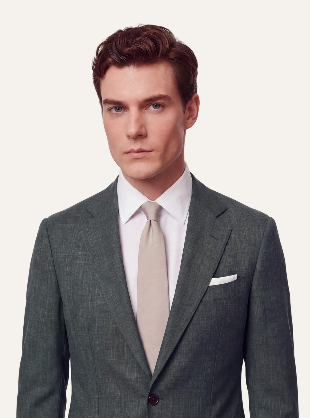 Zane Barläs Oxford Mid Green Suit, portrait editorial view on model