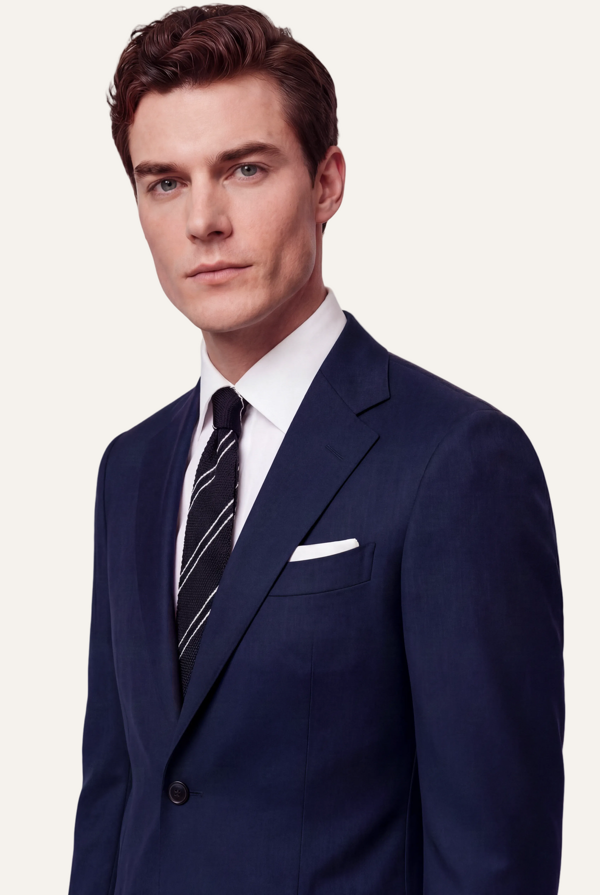 Zane Barläs Oxford Navy Blue Suit, portrait editorial view on model