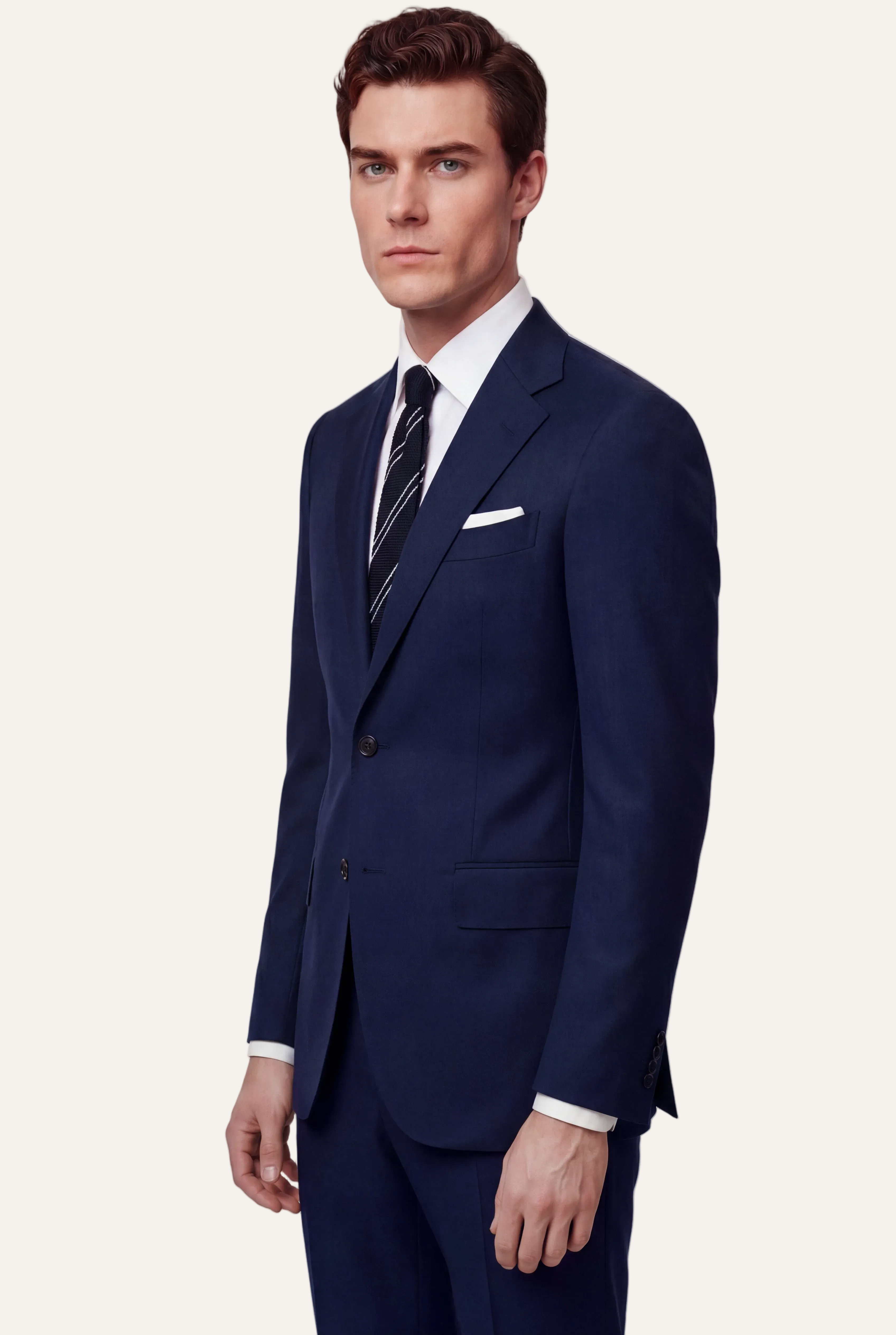 Zane Barläs Oxford Navy Blue Suit — profile view men tailored Italian wool suit