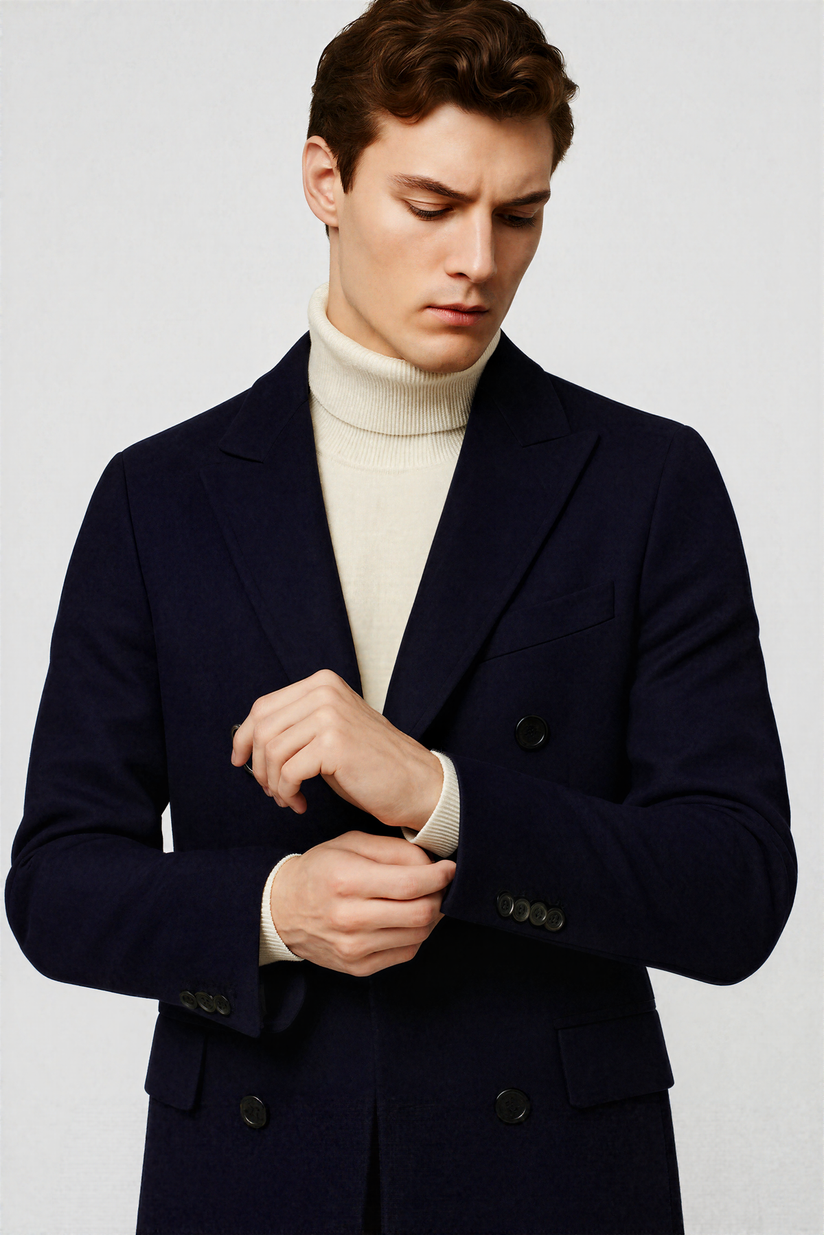Zane Barläs Navy Blue Cashmere Overcoat, front lapel and texture detail