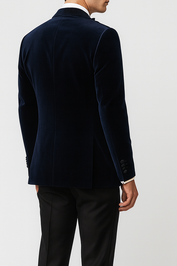 Zane Barläs Navy Velvet Dinner Jacket, back view on model