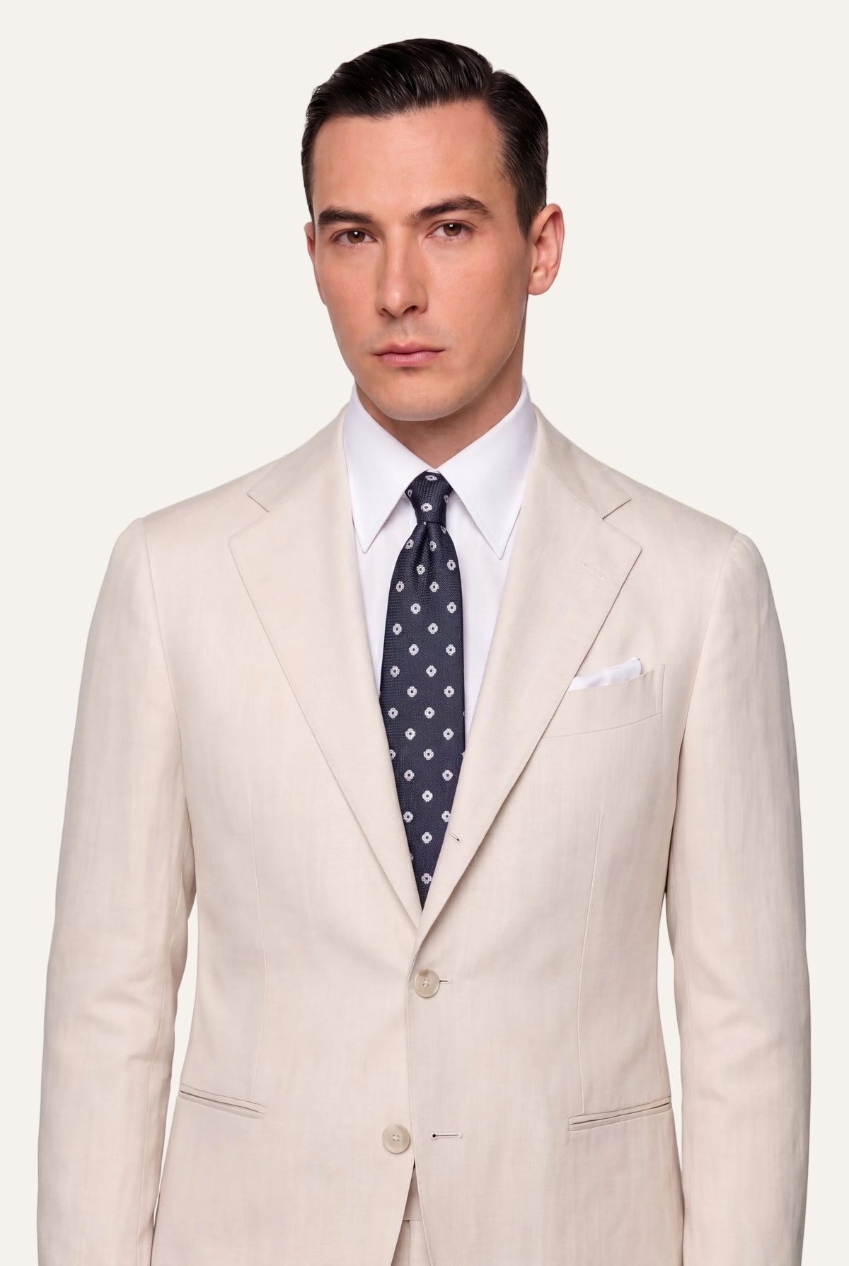 Zane Barläs Oxford Off-White Suit. Editorial styled view on model