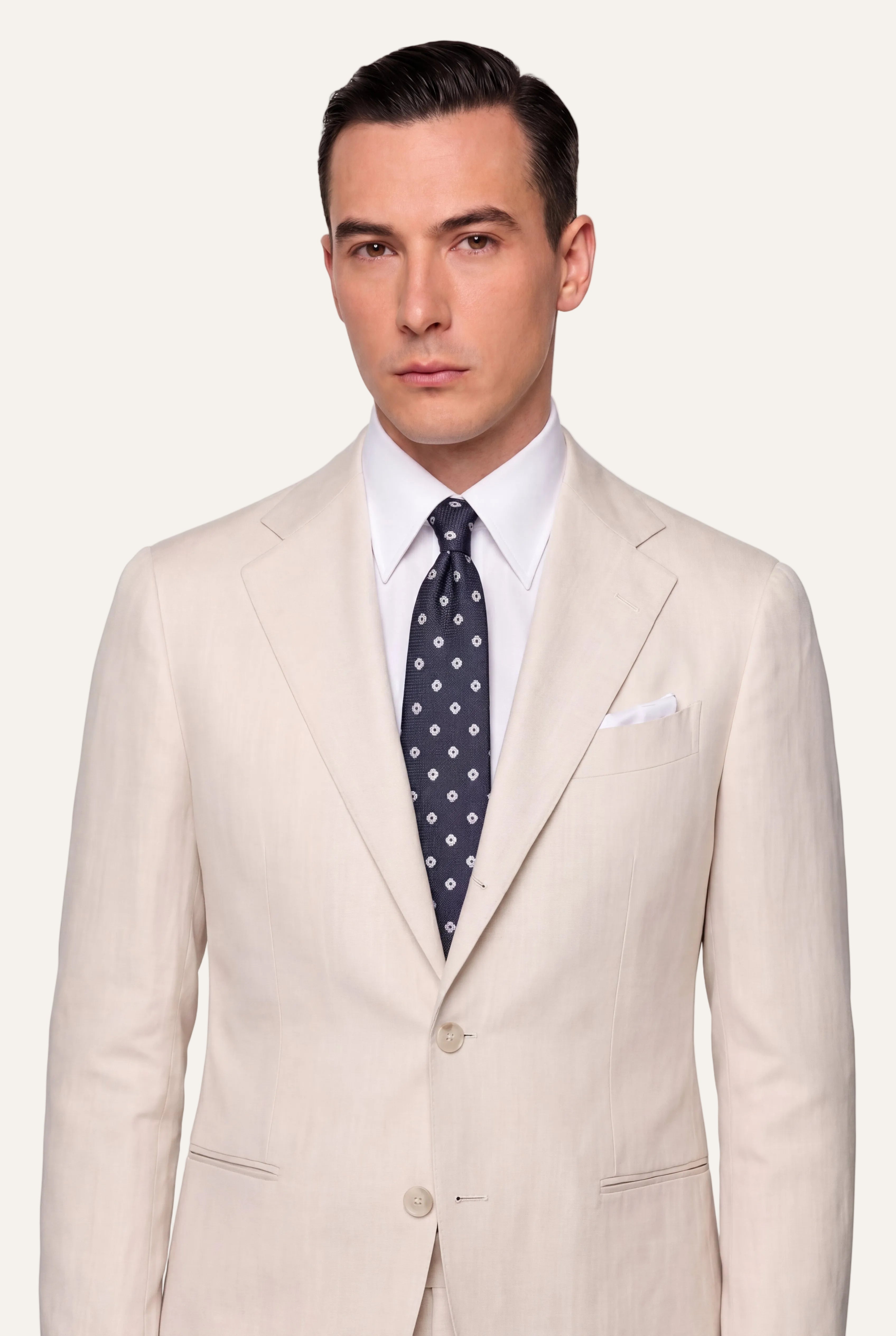 Zane Barläs Oxford Off-White Suit. Editorial styled view on model