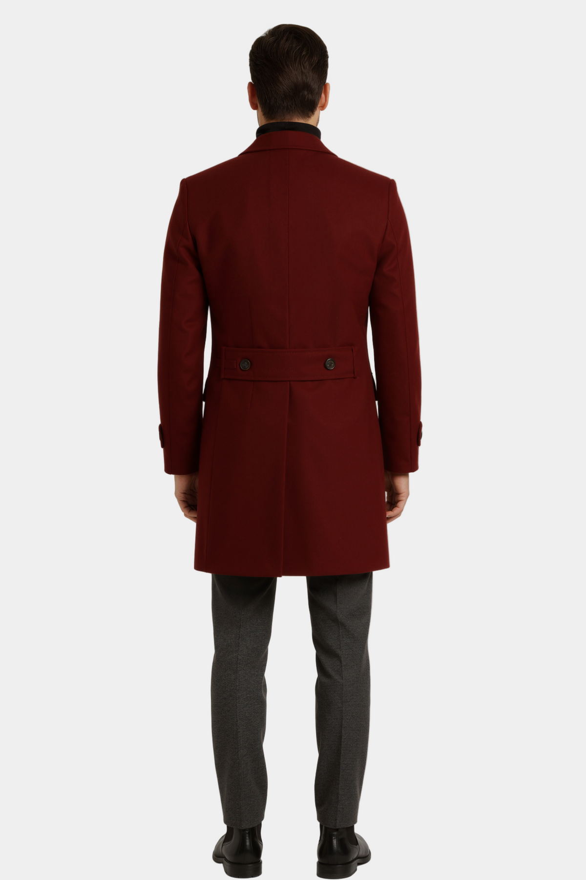 Zane Barläs Red Cashmere Overcoat, back view on model