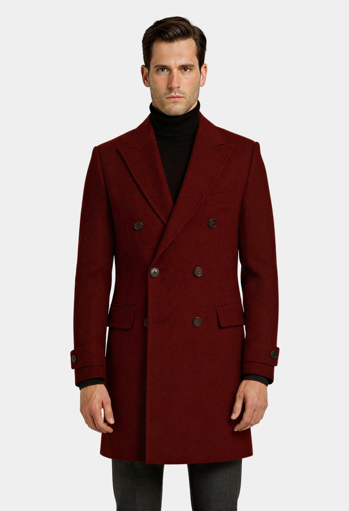 Zane Barläs Red Cashmere Overcoat, lapel and button detail close-up