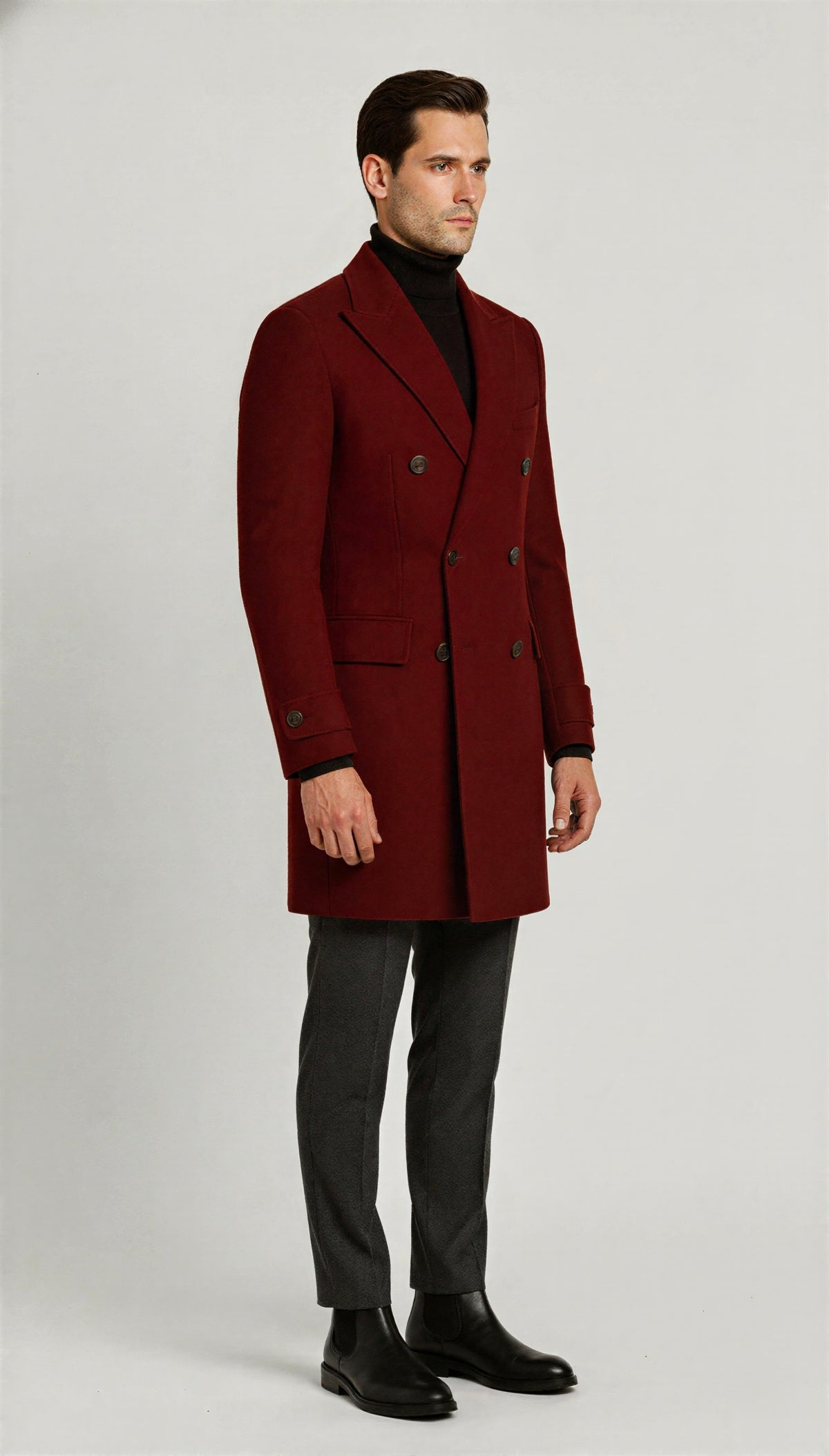 Zane Barläs Red Cashmere Overcoat, front view on model