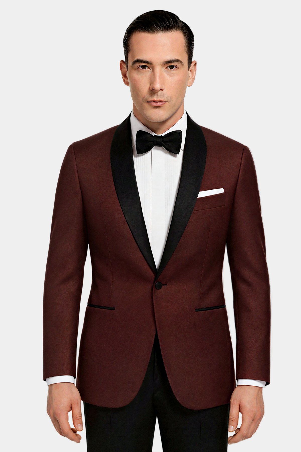 Zane Barläs Burgundy Monaco Tuxedo, front view on model