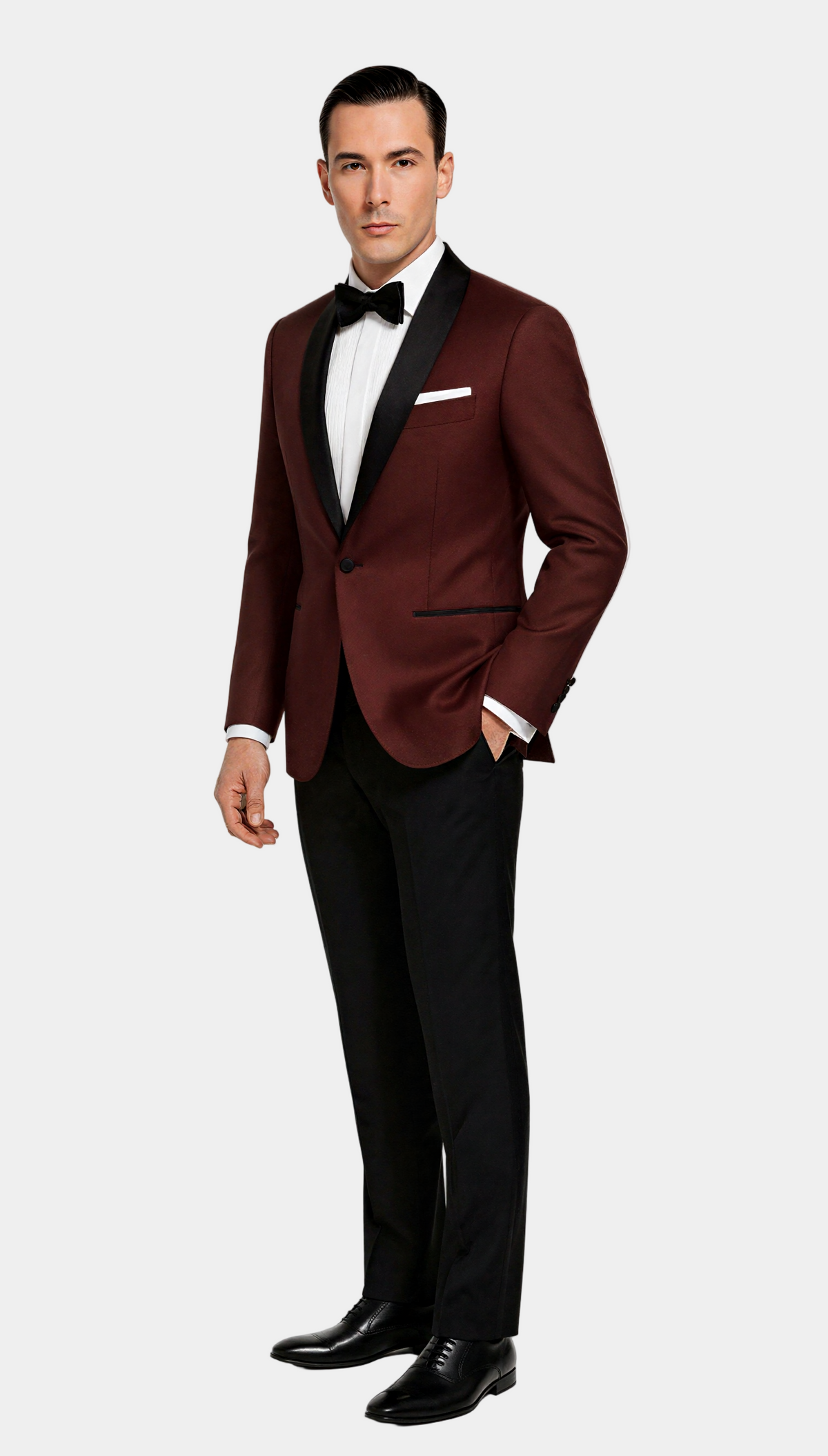 Zane Barläs Burgundy Monaco Tuxedo, lapel and pocket square detail
