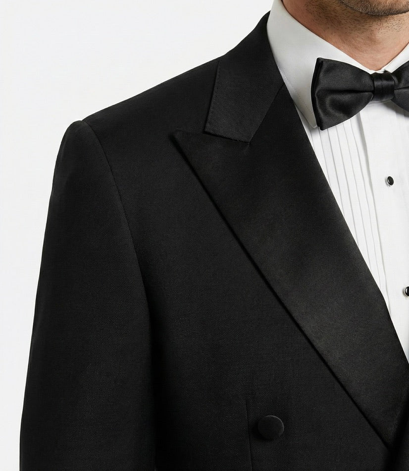 Zane Barläs Black Manhattan Tuxedo, peak lapel satin facing close-up