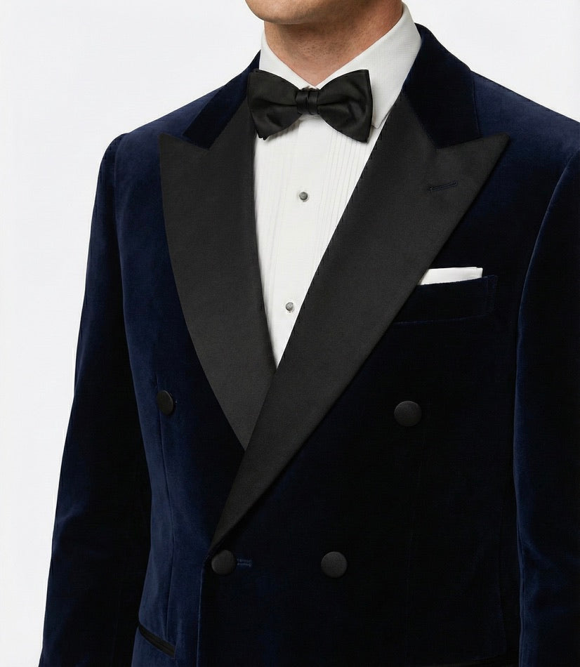 Zane Barläs Navy Velvet Dinner Jacket, silk satin trim detail close-up