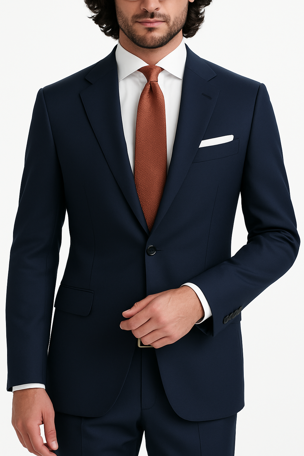Zane Barläs Oxford Navy Plain Suit, tailored fit silhouette on model