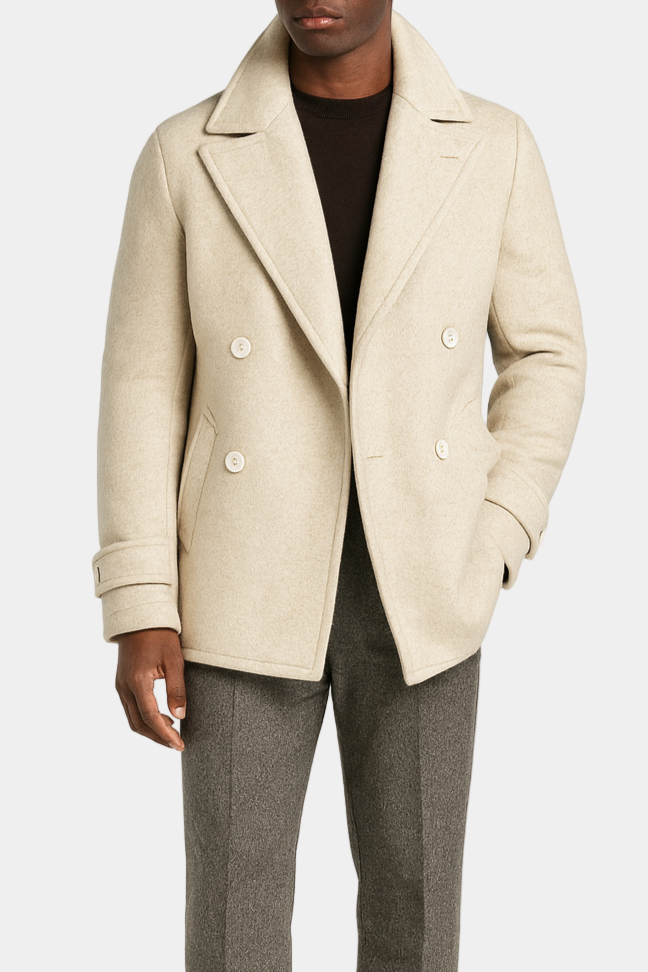 Zane Barläs Cream Wool Peacoat, tailored silhouette over suit men