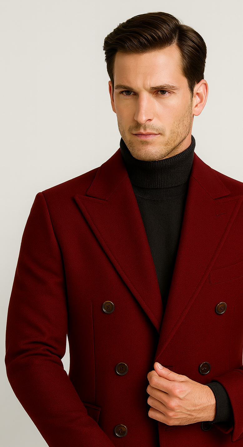 Zane Barläs Red Cashmere Overcoat, tailored silhouette over suit men