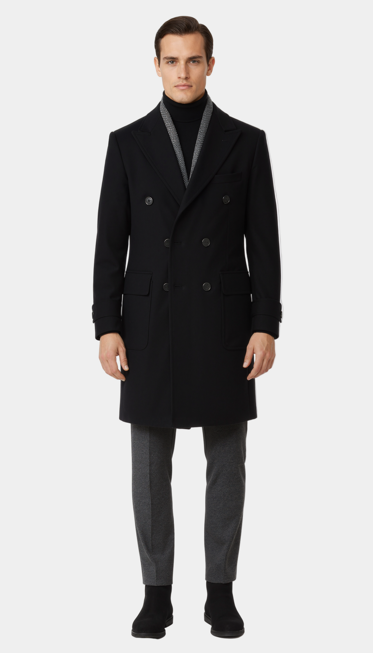 Zane Barläs Black Cashmere Overcoat, tailored silhouette over suit men