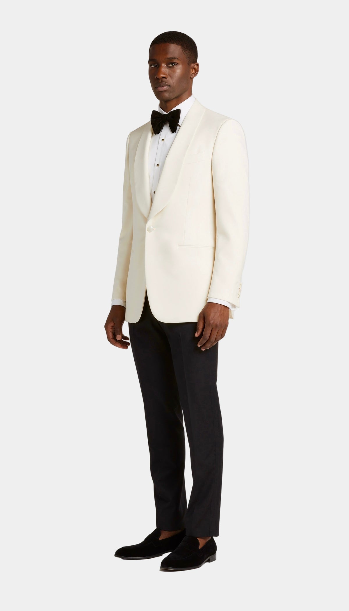 Zane Barläs Off-White Dinner Jacket, peak lapel and button detail close-up