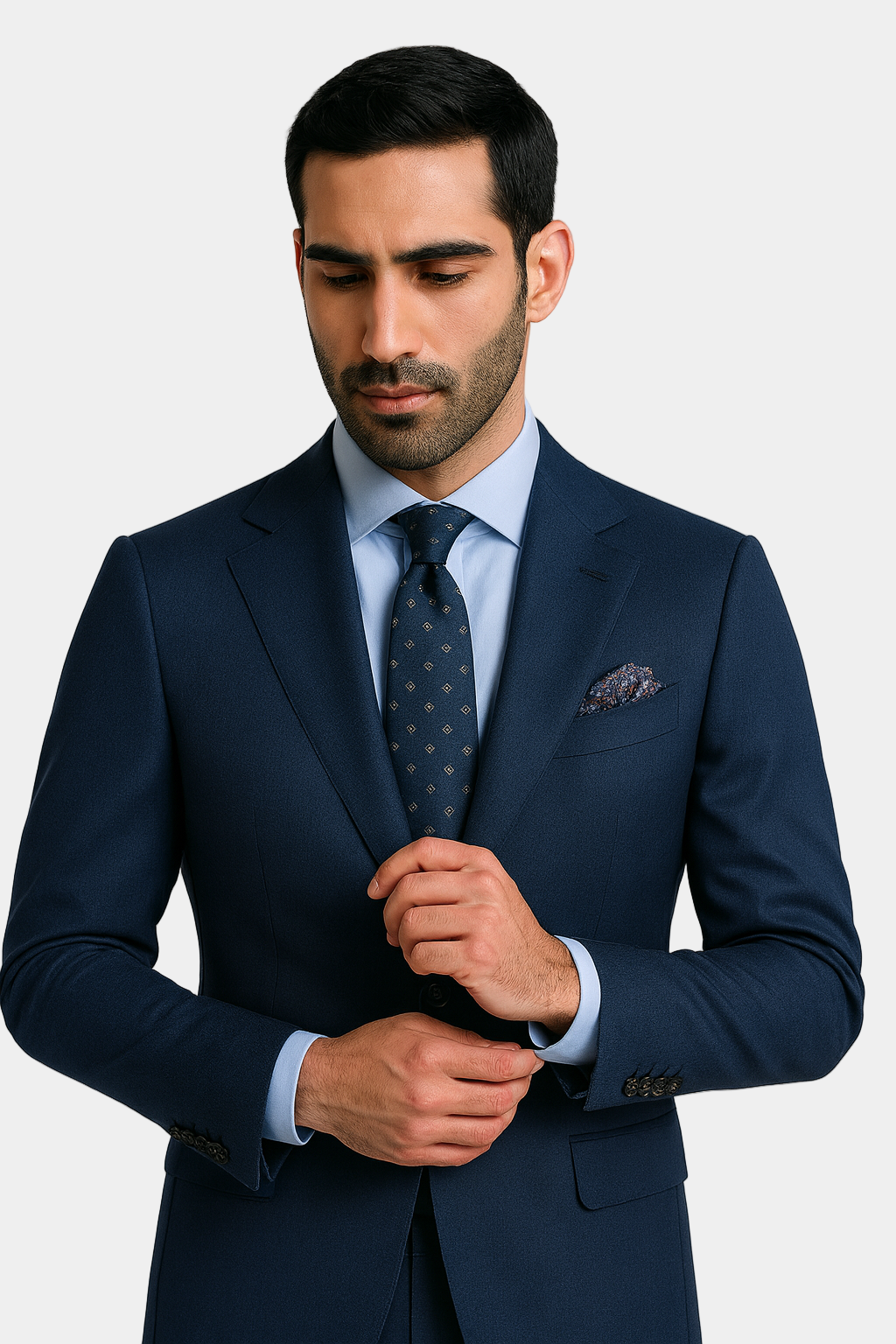 Zane Barläs Blue Monaco Suit, peak lapel detail close-up Italian wool