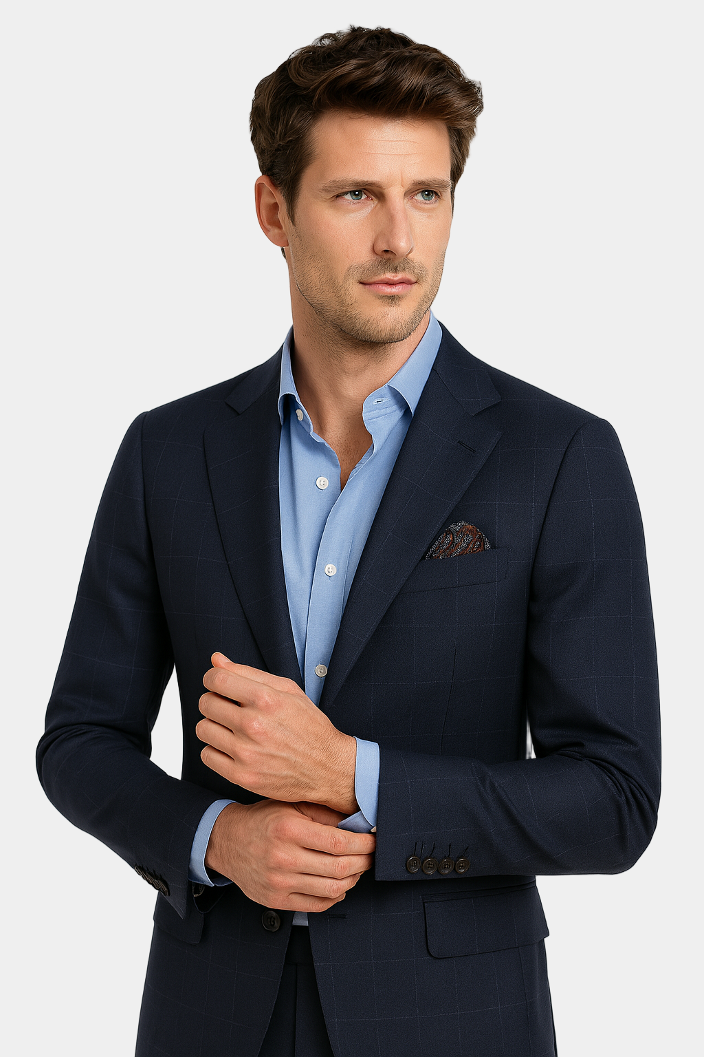Zane Barläs Oxford Navy Windowpane Suit, notch lapel detail close-up Italian wool