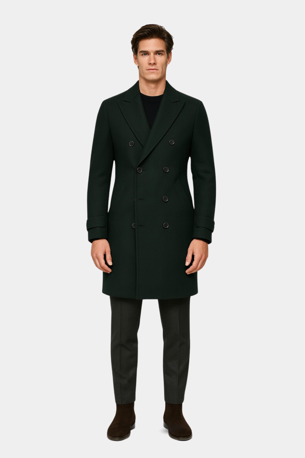 Zane Barläs Green Wool Overcoat, ghost mannequin front view