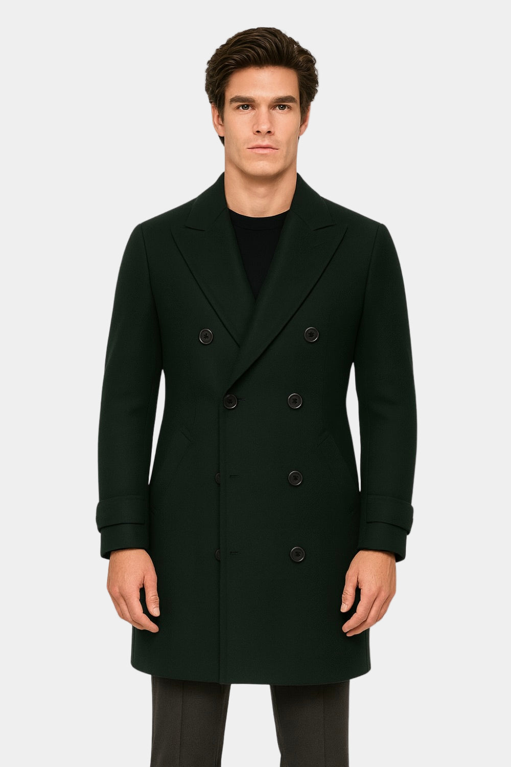 Zane Barläs Green Wool Overcoat, full length front view on model