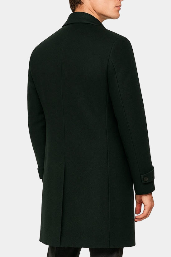 Zane Barläs Green Wool Overcoat, back view on model