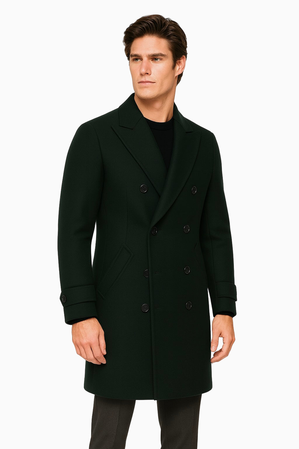 Zane Barläs Green Wool Overcoat, front view on model