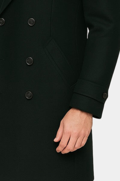 Zane Barläs Green Wool Overcoat, styled editorial shot on model
