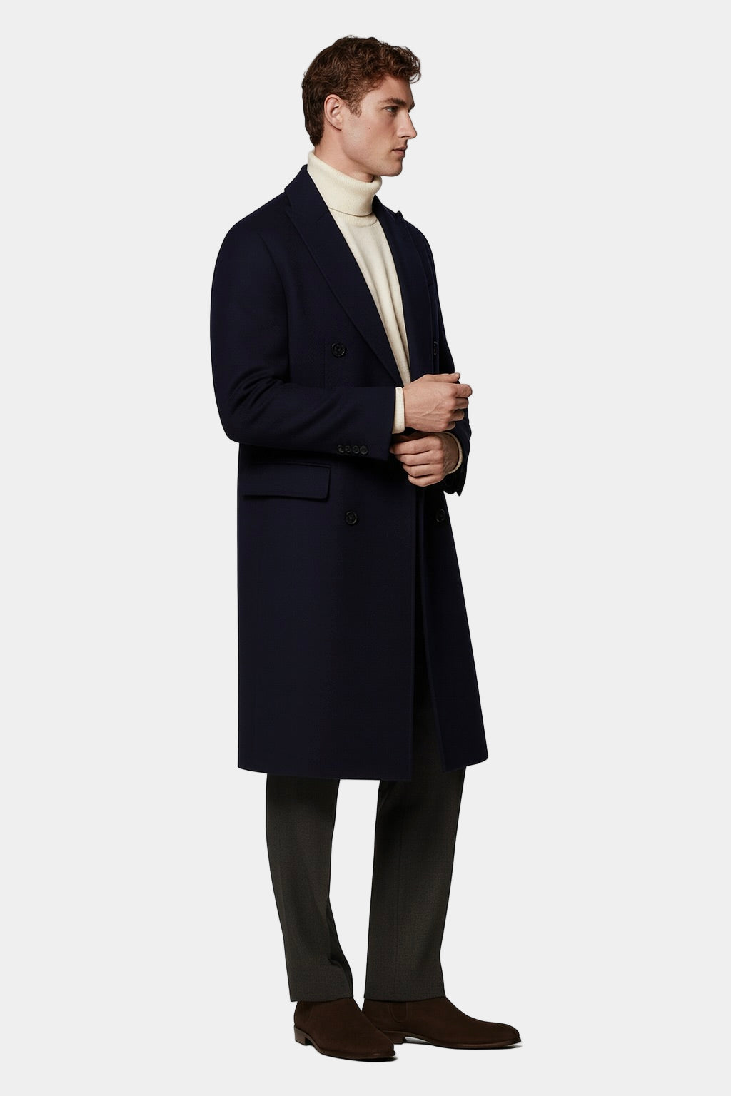 Zane Barläs Navy Blue Cashmere Overcoat, front view on model