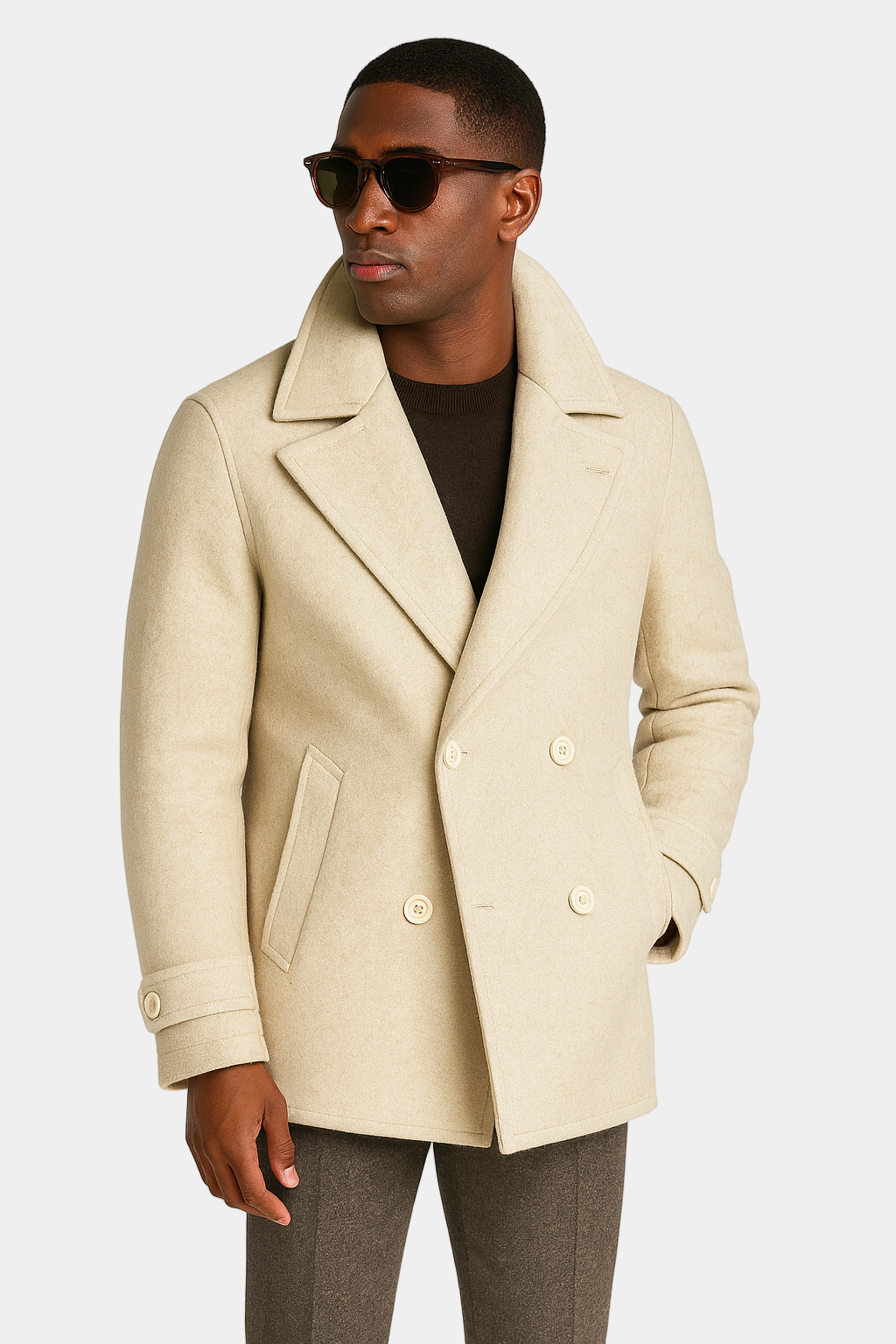 Zane Barläs Cream Wool Peacoat, front view on model
