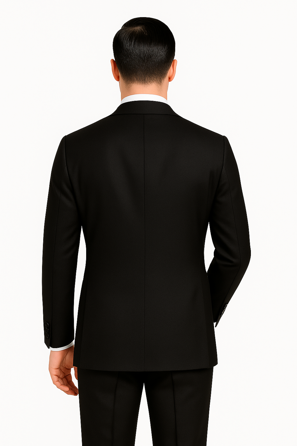 Rear view showing clean vents of black Monaco tuxedo