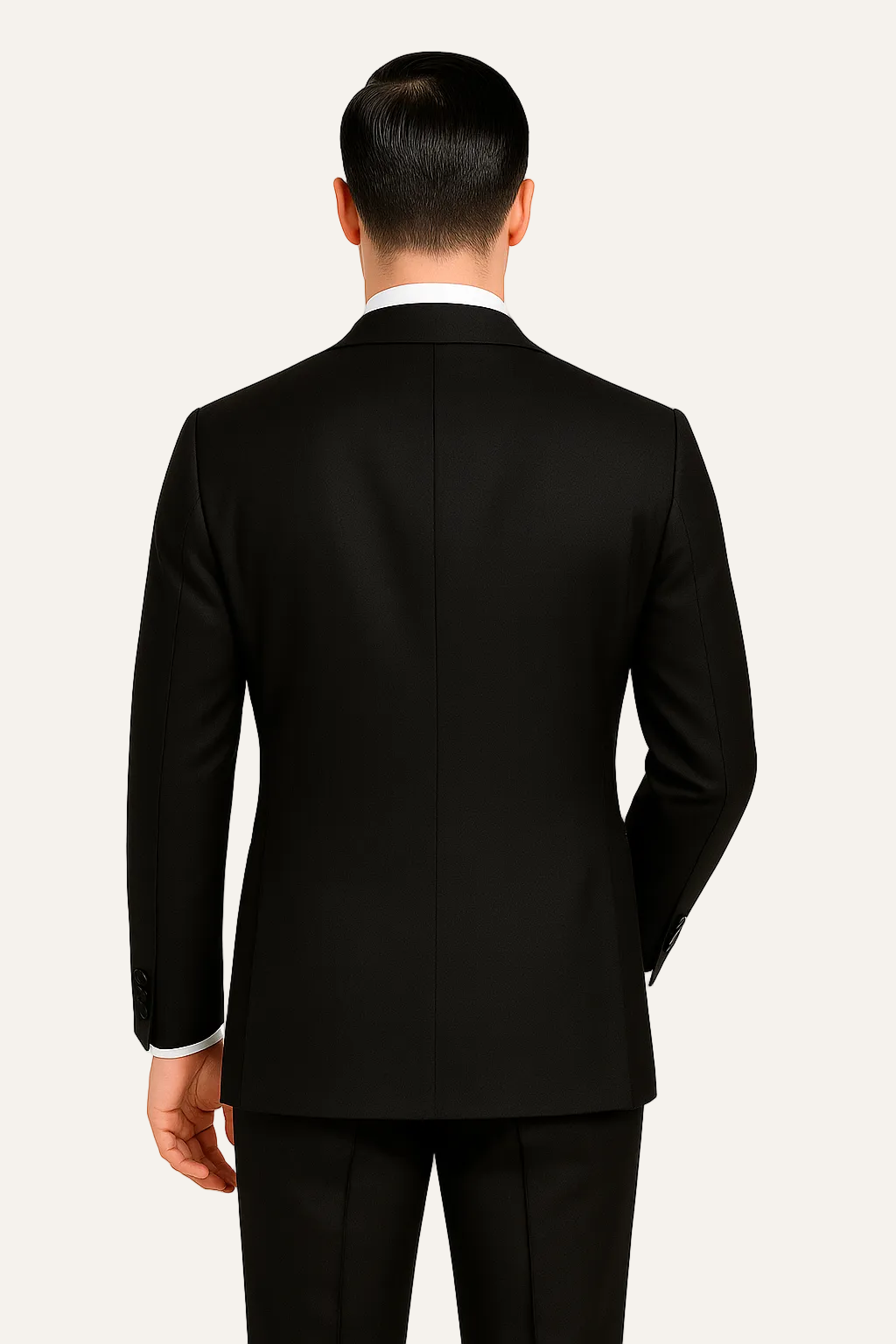 Zane Barläs Black Monaco Tuxedo, back view single vent tailored silhouette