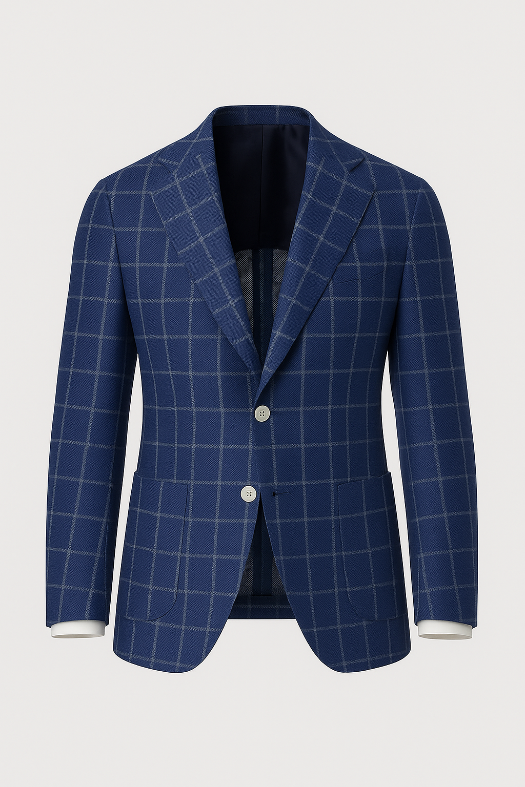 Blue windowpane blazer front view on white background