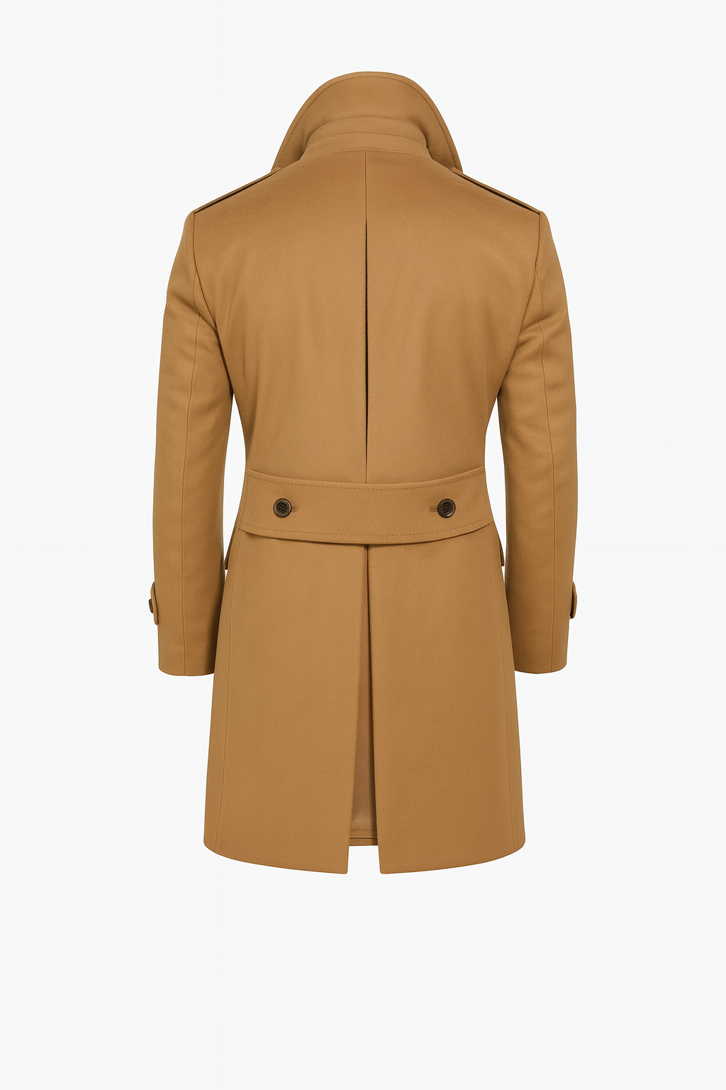 Zane Barläs Brown Cashmere Overcoat, back view on model