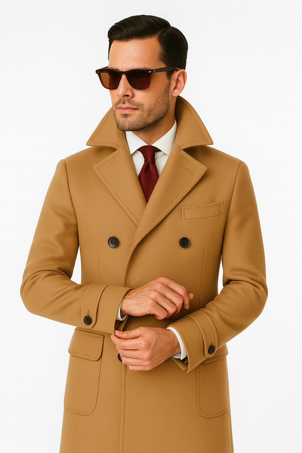 Zane Barläs Brown Cashmere Overcoat, front view on model
